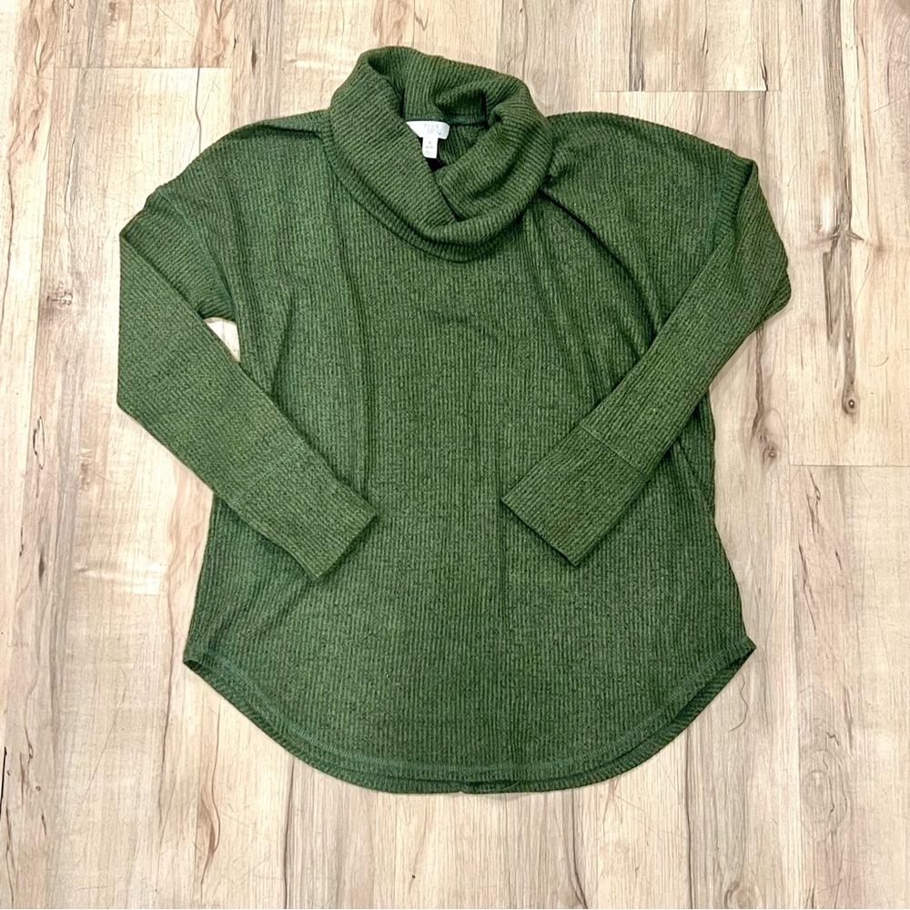 Time and Tru Olive Waffle Cowl Neck Sweater